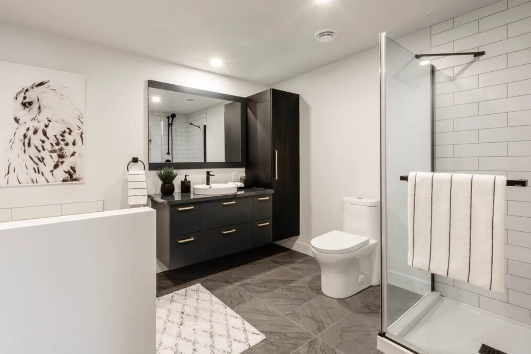 Appartement 4 ½ - Salle de bain avec robinetterie noire et douche en verre
